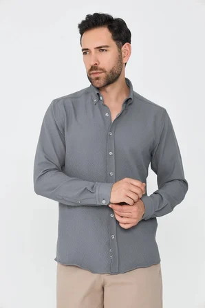 Gri Mikro Desenli Dynamic Fit Uzun Kollu Gömlek