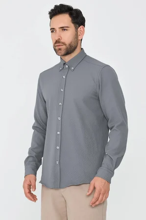Gri Mikro Desenli Dynamic Fit Uzun Kollu Gömlek
