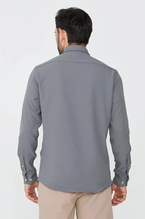 Gri Mikro Desenli Dynamic Fit Uzun Kollu Gömlek