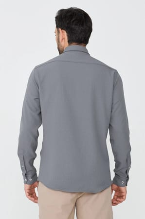 Gri Mikro Desenli Dynamic Fit Uzun Kollu Gömlek