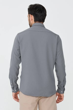 Gri Mikro Desenli Dynamic Fit Uzun Kollu Gömlek