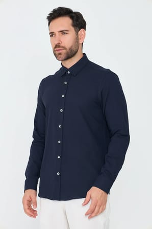 Lacivert %100 Pamuk Dynamic Fit Erkek Uzun Kollu Gömlek