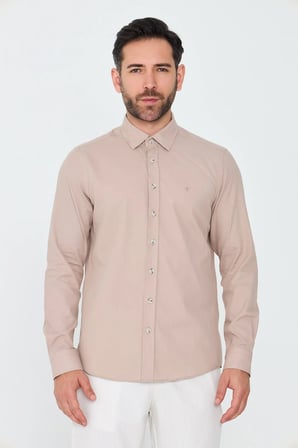 Açık Kahverengi %100 Pamuk Regular Fit Erkek Uzun Kollu Gömlek