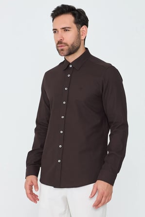 Kahverengi %100 Pamuk Dynamic Fit Uzun Kollu Gömlek