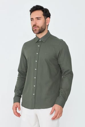 Haki %100 Pamuk Dynamic Fit Uzun Kollu Erkek Gömlek