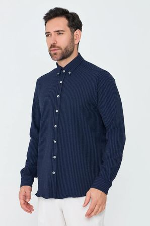 Lacivert Çizgili Dynamic Fit Uzun Kollu Gömlek