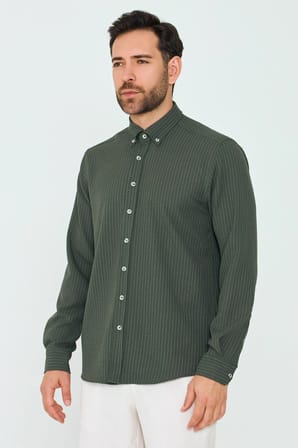 Koyu Yeşil Çizgili Dynamic Fit Erkek Uzun Kollu Gömlek