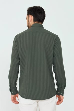 Koyu Yeşil Çizgili Dynamic Fit Erkek Uzun Kollu Gömlek