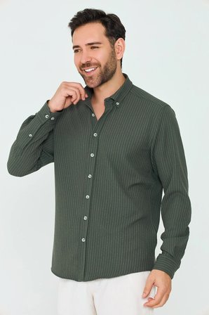 Koyu Yeşil Çizgili Dynamic Fit Erkek Uzun Kollu Gömlek