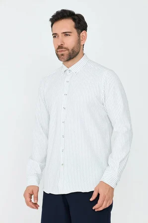 Beyaz Çizgili Dynamic Fit Erkek Uzun Kollu Gömlek