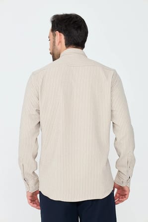 Krem Rengi Çizgili Dynamic Fit Erkek Uzun Kollu Gömlek