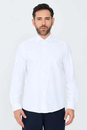 Beyaz Dokulu Dynamic Fit Erkek Uzun Kollu Gömlek