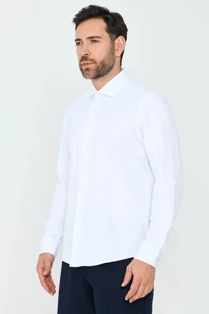 Beyaz Dokulu Dynamic Fit Erkek Uzun Kollu Gömlek