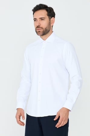 Beyaz Mikro Çizgili Dynamic Fit Erkek Uzun Kollu Gömlek
