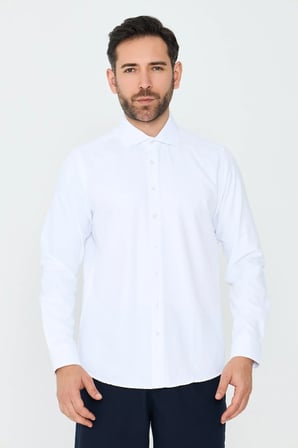 Beyaz Mikro Çizgili Dynamic Fit Erkek Uzun Kollu Gömlek
