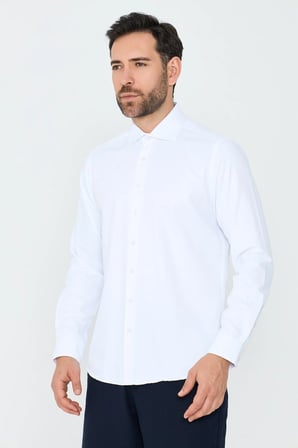 Beyaz Mikro Çizgili Dynamic Fit Erkek Uzun Kollu Gömlek