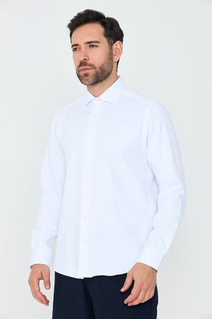 Beyaz Mikro Desenli Dynamic Fit Uzun Kollu Erkek Gömlek