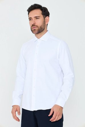 Beyaz Mikro Desenli Dynamic Fit Uzun Kollu Erkek Gömlek
