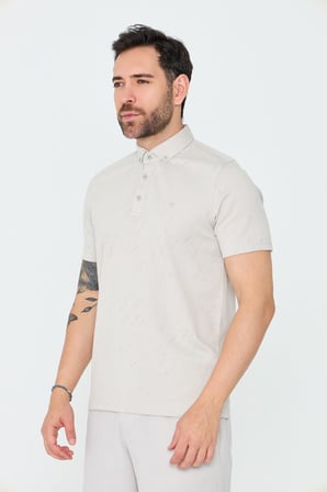 Bej Mikro Desenli Düğmeli Erkek Polo Yaka Tişört