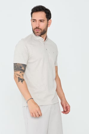 Bej Mikro Desenli Düğmeli Erkek Polo Yaka Tişört