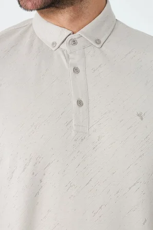 Bej Mikro Desenli Düğmeli Erkek Polo Yaka Tişört