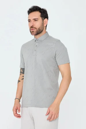 Çağla Rengi Mikro Desenli Düğmeli Erkek Polo Yaka Tişört