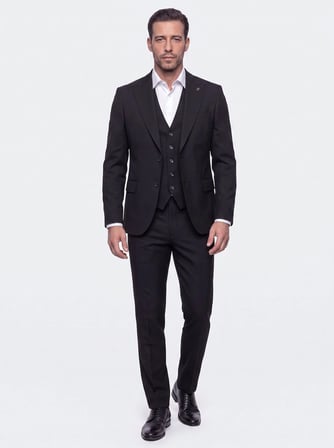 Siyah Sivri Yaka 6 Drop Regular Fit Yelekli Erkek Takım Elbise
