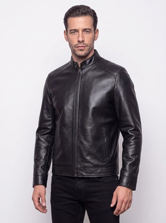 Siyah Hakim Yaka Fermuarlı Erkek Deri Ceket Mont