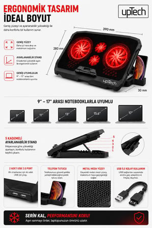 Uptech Laptop Soğutucu 4 Fanlı Ayarlanabilir Dizüstü Bilgisayar Soğutma Fanı