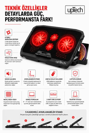 Uptech Laptop Soğutucu 4 Fanlı Ayarlanabilir Dizüstü Bilgisayar Soğutma Fanı