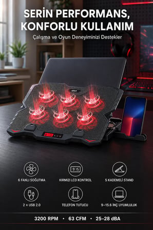 UPTECH Laptop Soğutucu 6 Fanlı Lcd Kontrol Panel Ayarlanabilir Dizüstü Bilgisayar Soğutma Fanı