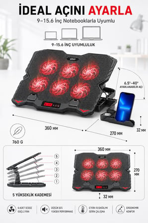 UPTECH Laptop Soğutucu 6 Fanlı Lcd Kontrol Panel Ayarlanabilir Dizüstü Bilgisayar Soğutma Fanı
