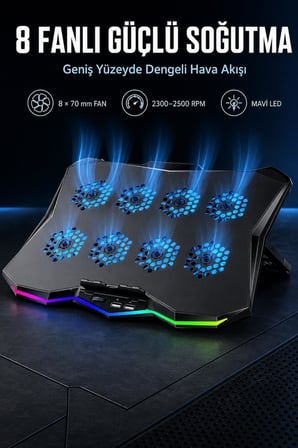 UPTECH RGB Laptop Soğutucu 8 Fanlı Ayarlanabilir Standlı Notebook Soğutucu