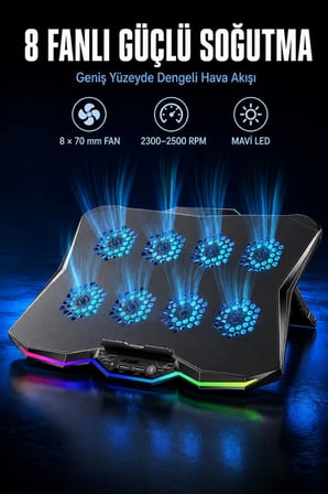 UPTECH RGB Laptop Soğutucu 8 Fanlı Ayarlanabilir Standlı Notebook Soğutucu