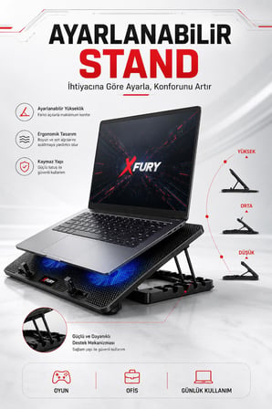 Fury Laptop Soğutucu Çift Fanlı Ayarlanabilir Dizüstü Bilgisayar Soğutma Fanı