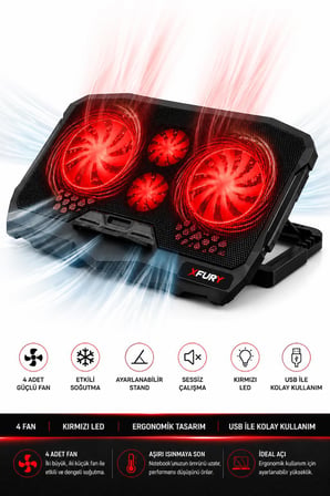 Fury E-Sport Laptop Soğutucu 4 Fanlı Ayarlanabilir Dizüstü Bilgisayar Soğutma Fanı