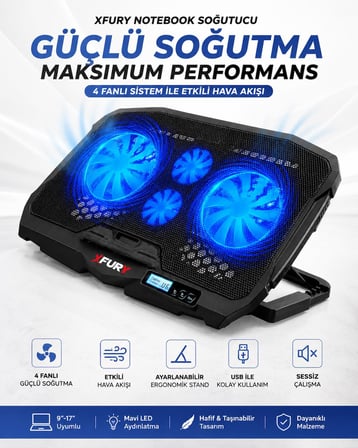Fury E-Sport Laptop Soğutucu 4 Fanlı Lcd Kontrol Panel Ayarlanabilir Dizüstü Bilgisayar Soğutma Fanı