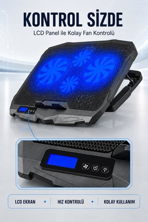 Fury E-Sport Laptop Soğutucu 4 Fanlı Lcd Kontrol Panel Ayarlanabilir Dizüstü Bilgisayar Soğutma Fanı