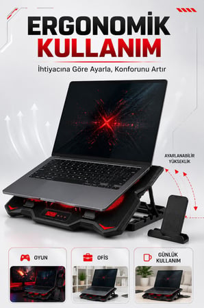 Fury E-Sport Laptop Soğutucu 6 Fanlı Lcd Kontrol Panel Ayarlanabilir Dizüstü Bilgisayar Soğutma Fanı