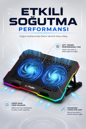 FURY E-Sport RGB Laptop Soğutucu 2 Fanlı Ayarlanabilir Standlı Notebook Soğutucu