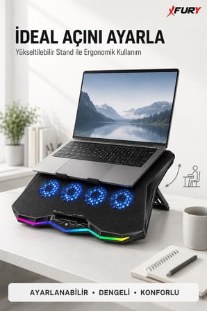 FURY E-Sport RGB Laptop Soğutucu 8 Fanlı Ayarlanabilir Standlı Notebook Soğutucu