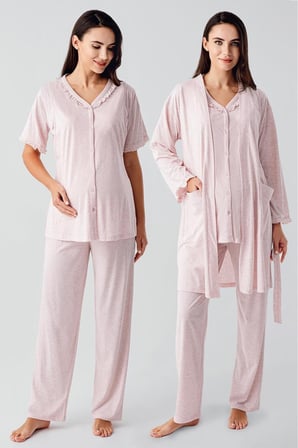 Kısa Kollu Düğmeli Pamuklu Hamile Sabahlık Pijama Takım 17300