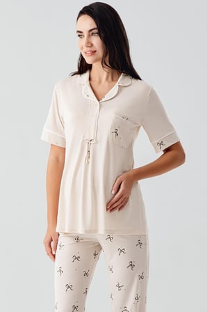 Fiyonk Desenli Düğmeli Kısa Kollu  Esnek Viskoz Hamile Pijama Takım 17207