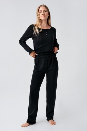 Uzun Kollu Ajurlu Düğmeli Esnek Pamuklu Pijama Takım 18213