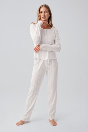 Uzun Kollu Ajurlu Düğmeli Esnek Pamuklu Pijama Takım 18213