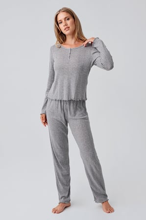 Uzun Kollu Ajurlu Düğmeli Esnek Pamuklu Pijama Takım 18213