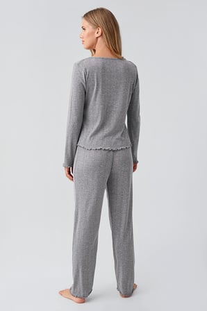 Uzun Kollu Ajurlu Düğmeli Esnek Pamuklu Pijama Takım 18213