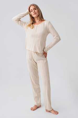 Uzun Kollu Ajurlu Düğmeli Esnek Pamuklu Pijama Takım 18213