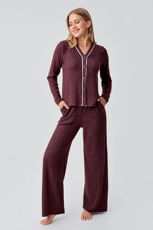 Uzun Kollu Düğmeli Esnek Yumuşak Dokulu Viskoz Pijama Takım 18205