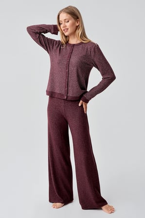 Uzun Kollu Düğmeli Esnek Yumuşak Dokulu Viskoz Pijama Takım 18204